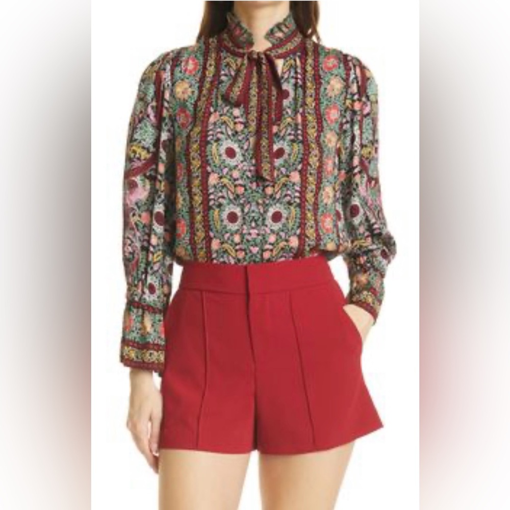 Alice + Olivia Reilly Ruffle Tie Neck Collar Flower Blouse Size XS